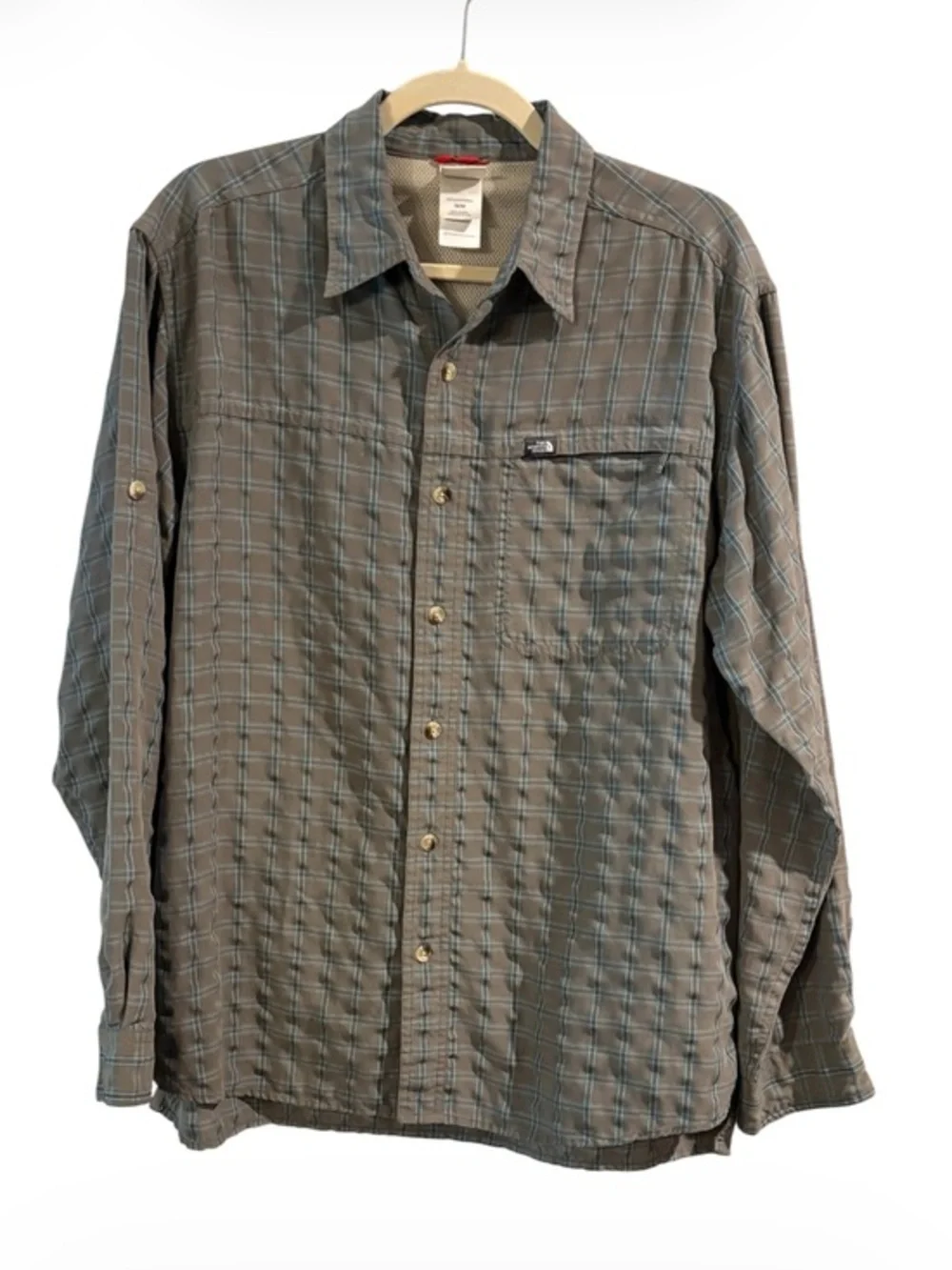 The North Face Plaid Button Down Shirt Men’s Medium Green Blue Outdoor Hiking